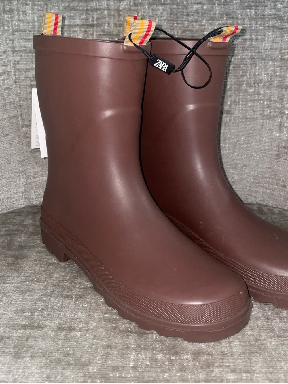 Zara kids Chocolate Brown Mid-Calf Rain Boots with Striped Pull Tabs